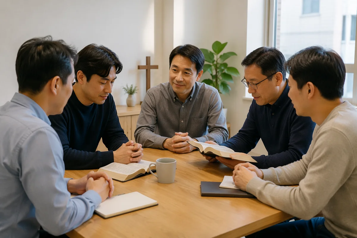 Korean Men Studying Together in Church Room