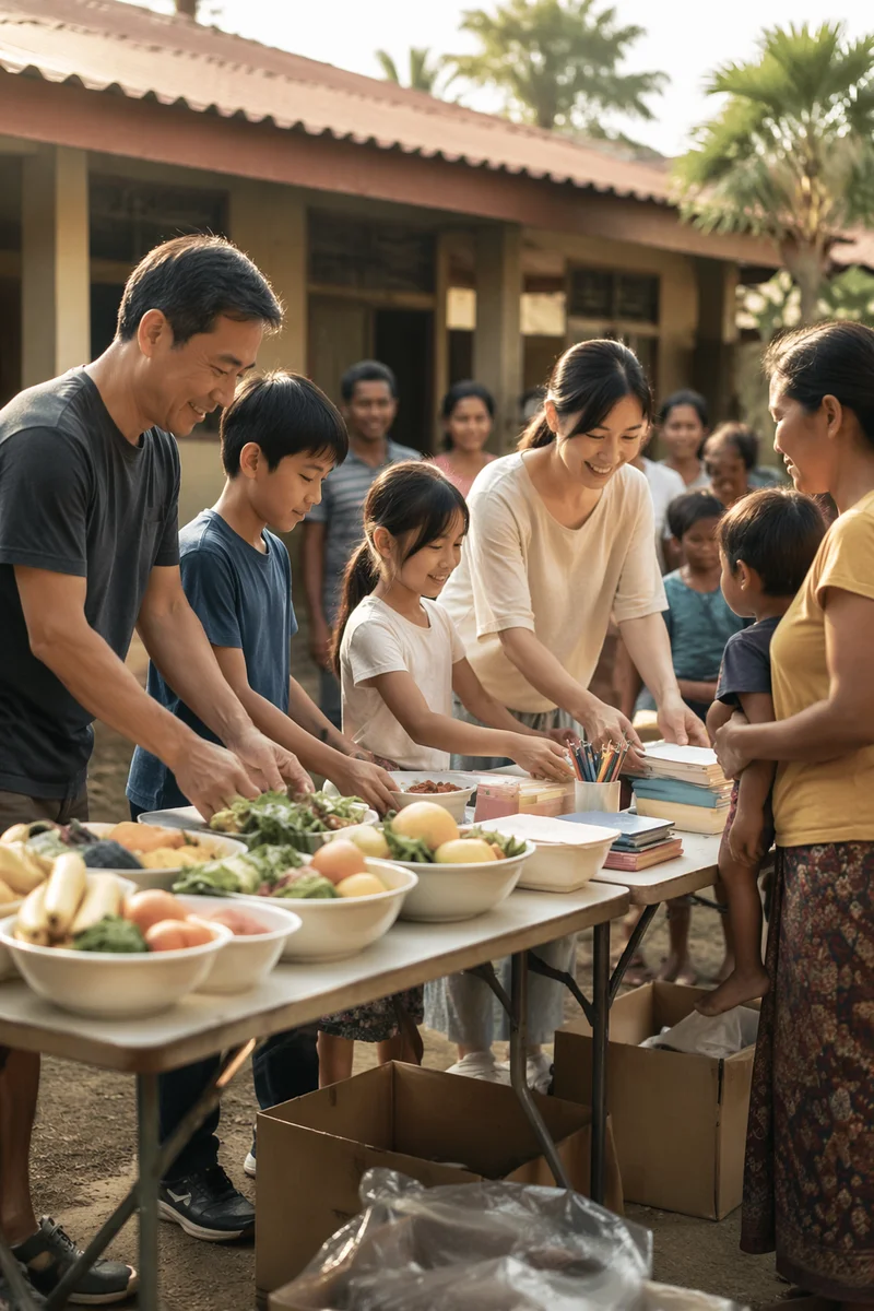 Korean Family Serving in Tropical Courtyard