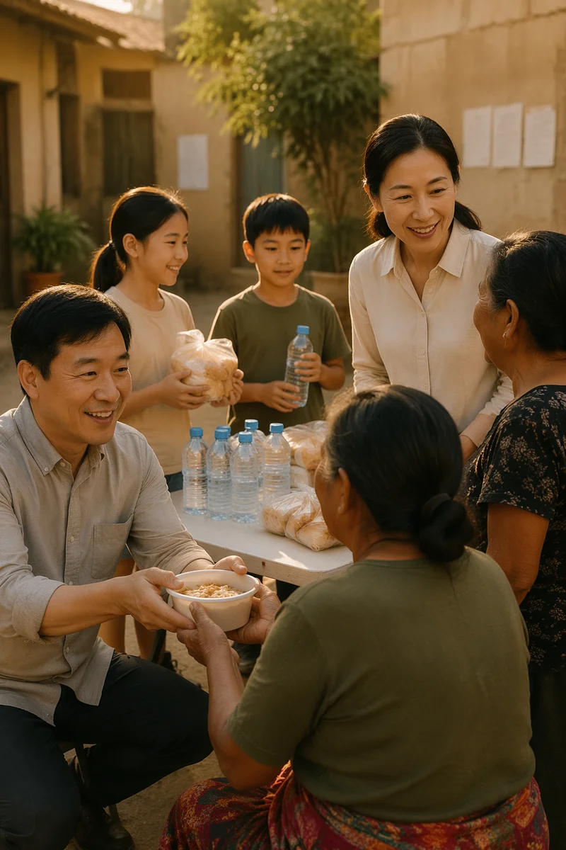 Korean Family Serving Food in Courtyard