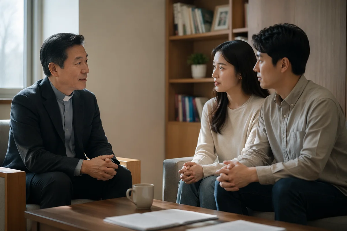Korean Pastor Counseling Young Couple Office