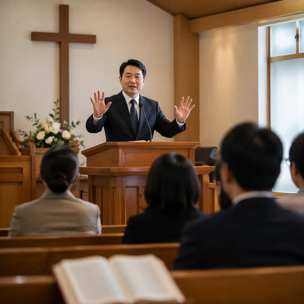 Korean Pastor Preaching in Church Sanctuary