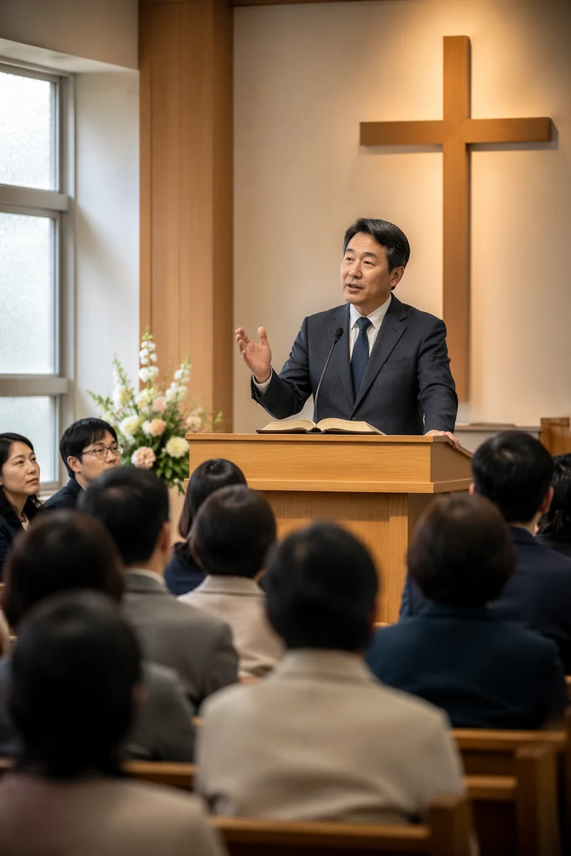 Korean Pastor Preaching in Church Sanctuary