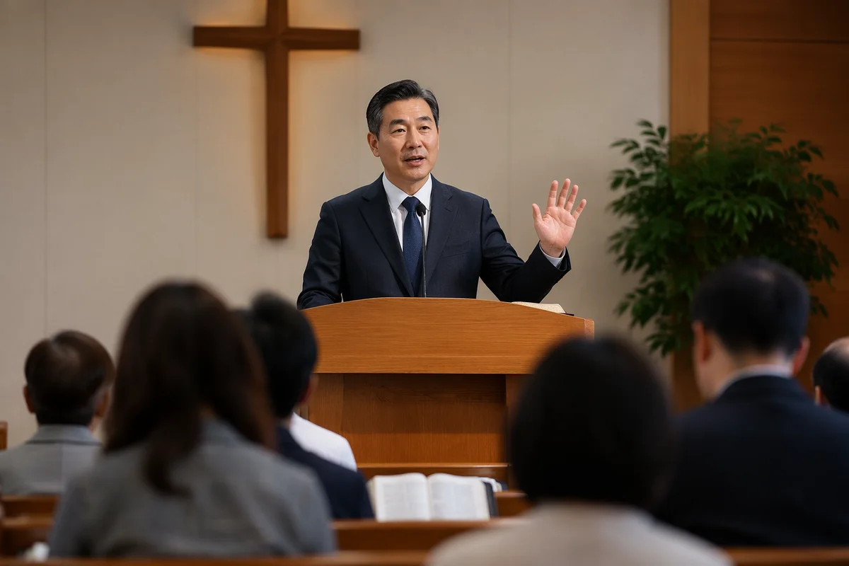 Korean Pastor Preaching in Church Sanctuary