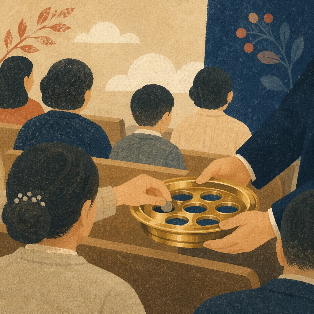 Offering Tray Passed Among Seated Congregants