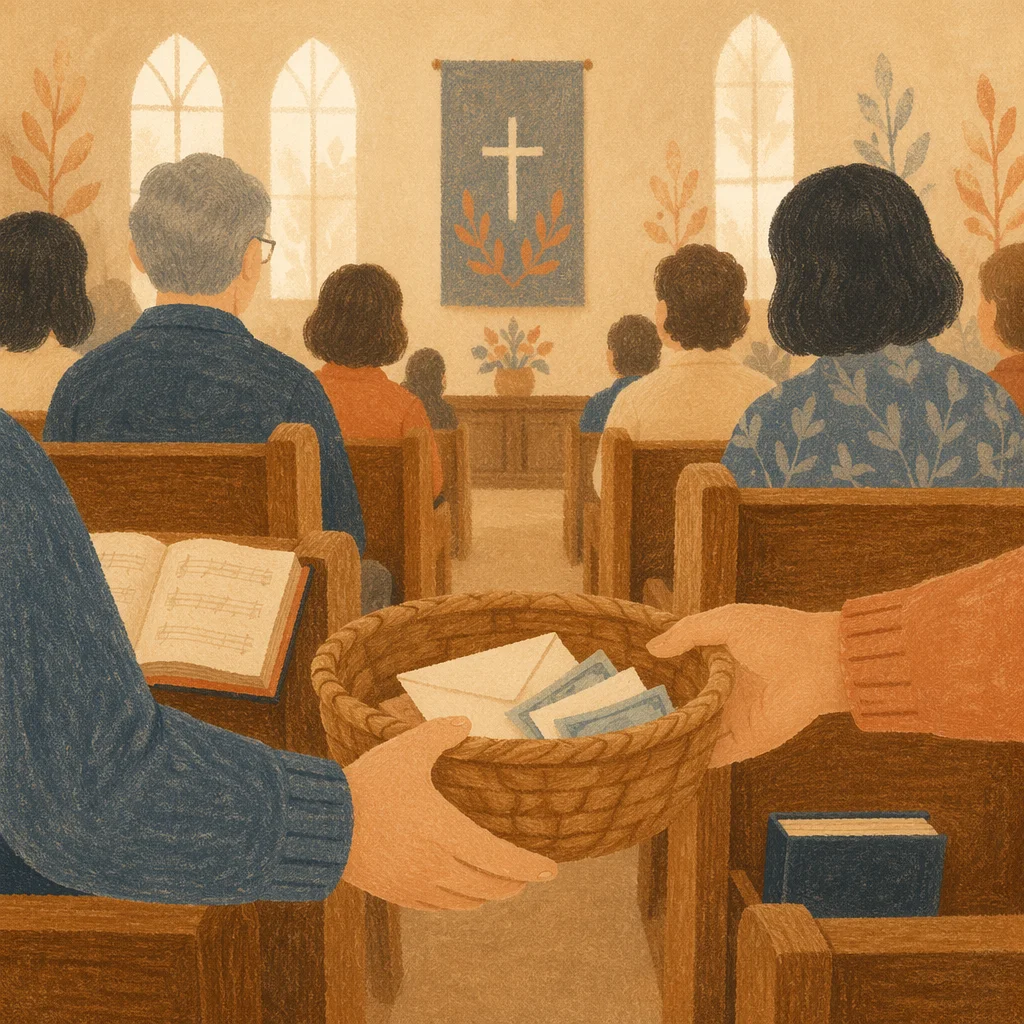 Offering Basket Passed Between Wooden Pews