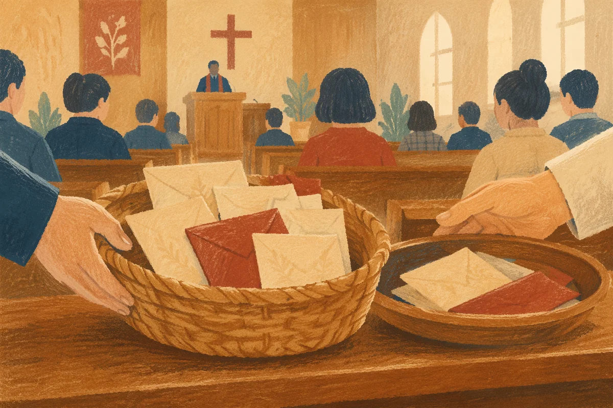 Korean Church Offering Basket on Wooden Pew