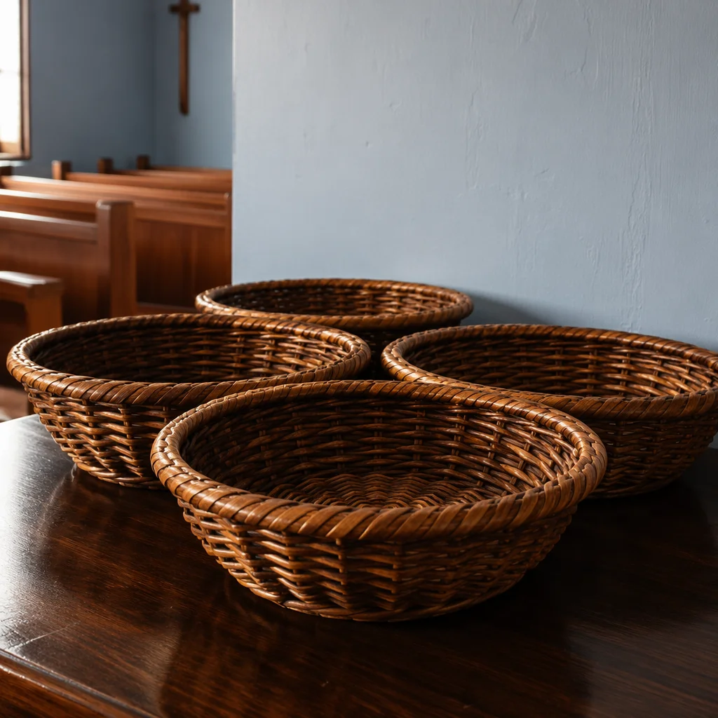 Empty Rattan Offering Baskets in Korean Church