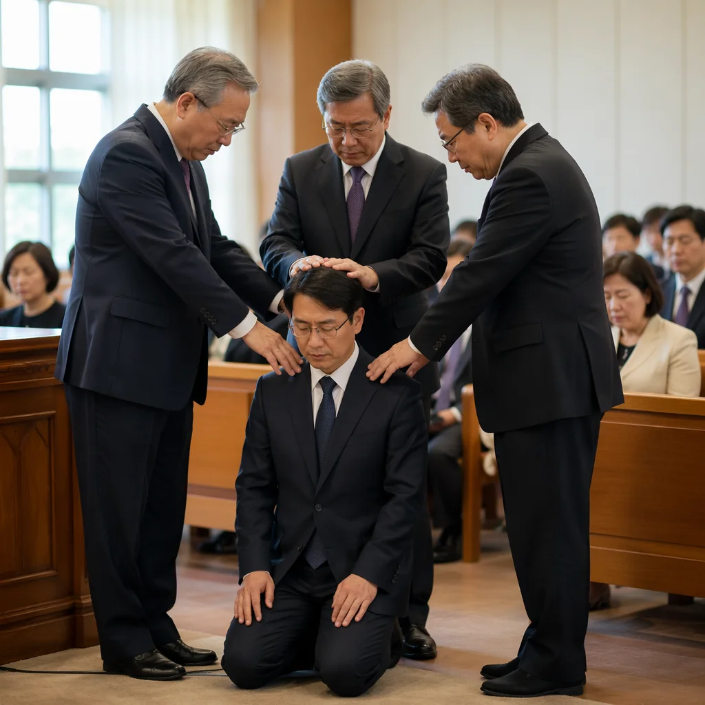 Korean Pastor Ordination Prayer in Sanctuary