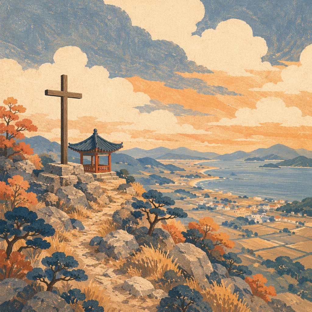 Korean Prayer Mountain Cross at Sunset