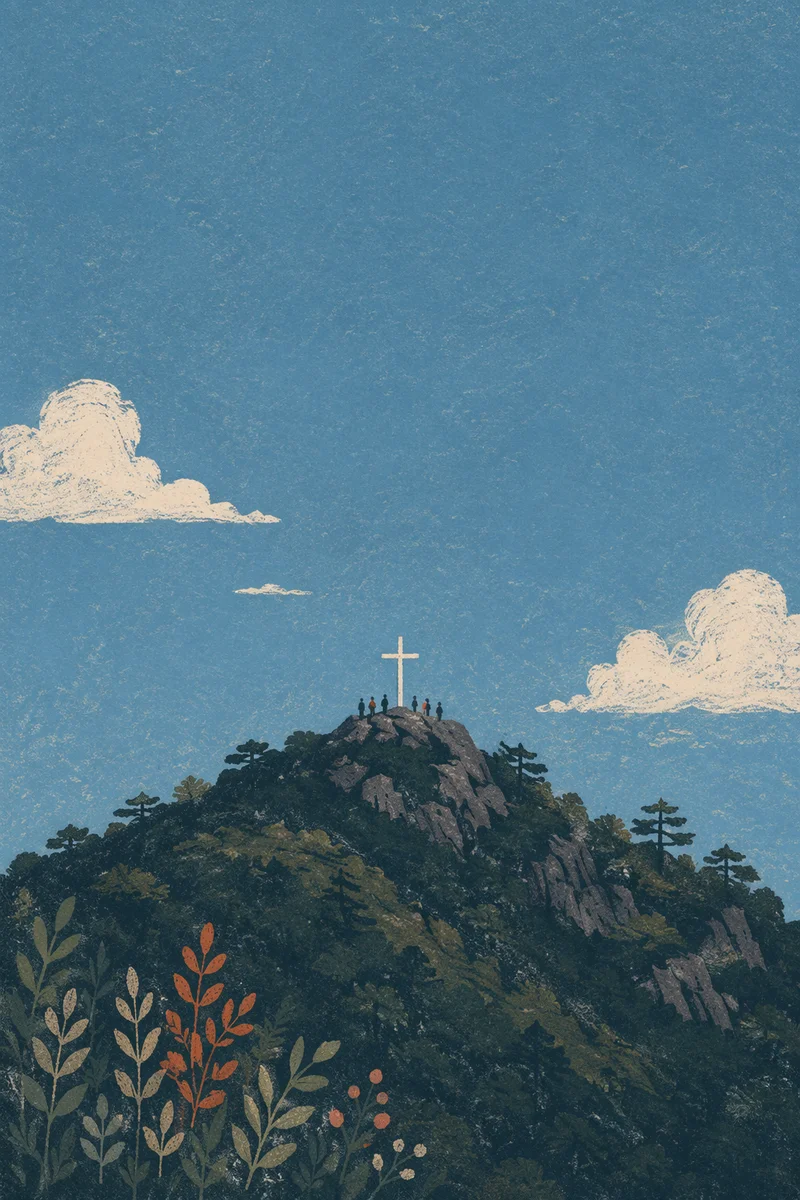 Korean Prayer Mountain Cross Under Blue Sky