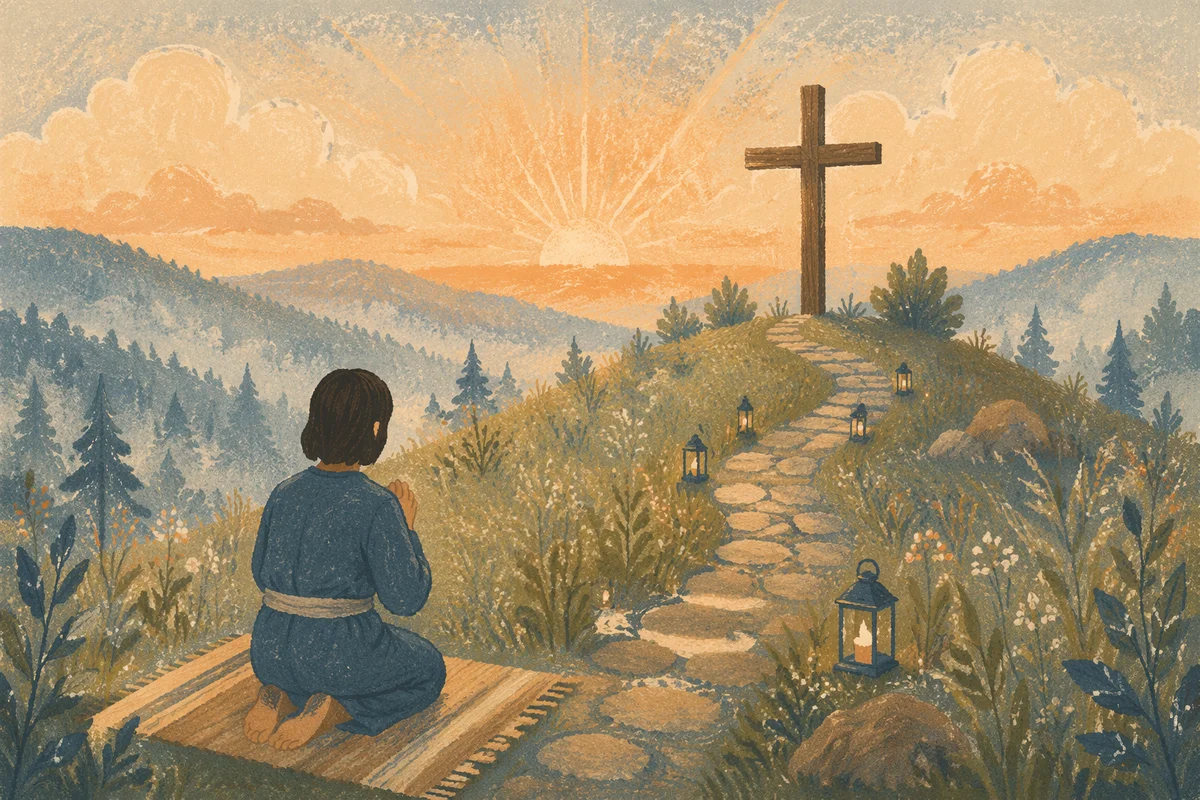 Dawn Prayer on Korean Mountain Cross
