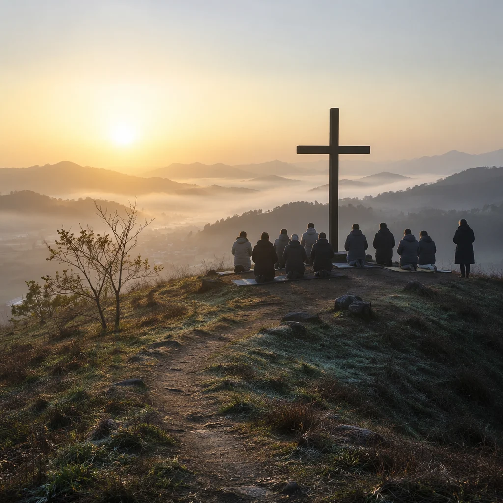 Dawn Prayer Mountain Cross in Korea