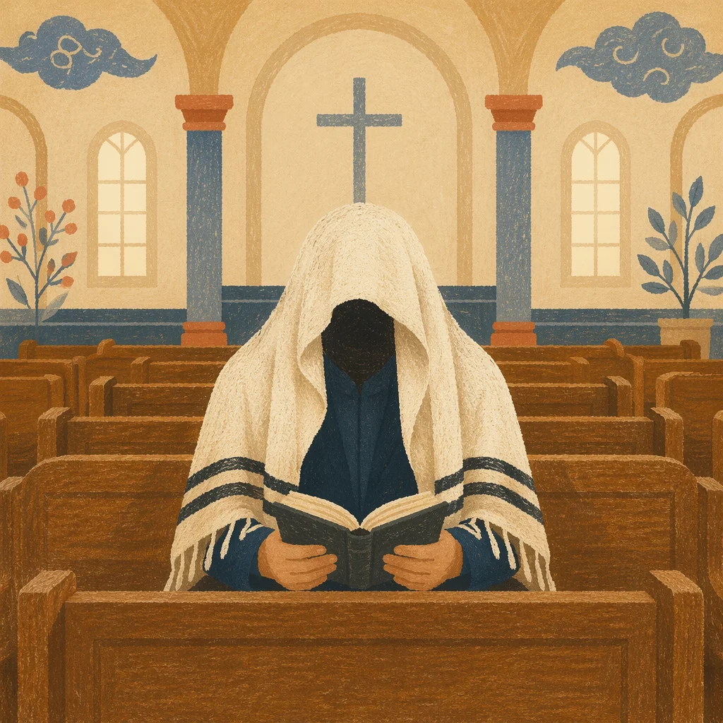 Solitary Worshipper with Prayer Shawl on Pew