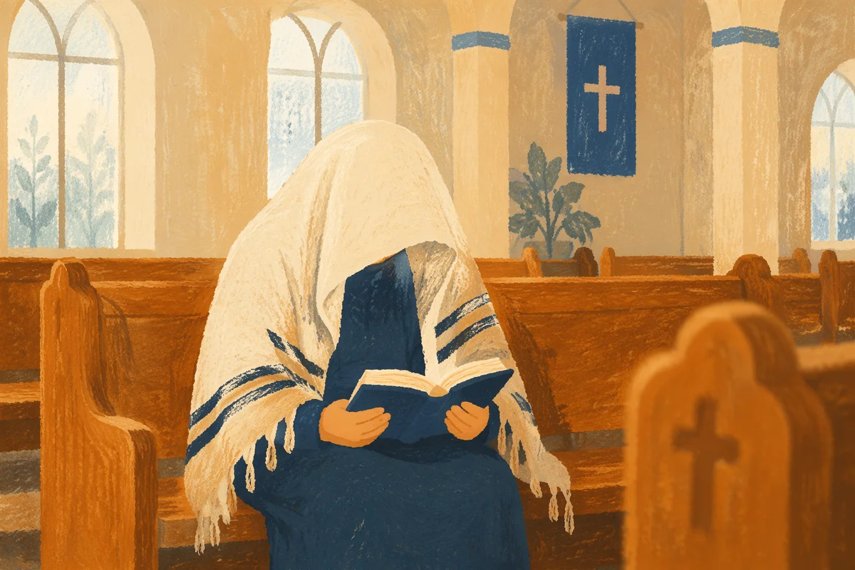 Seated Worshipper with Prayer Shawl in Sanctuary