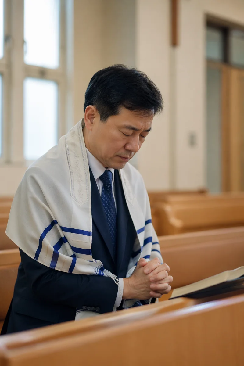Korean Man Praying with Tallit in Pew