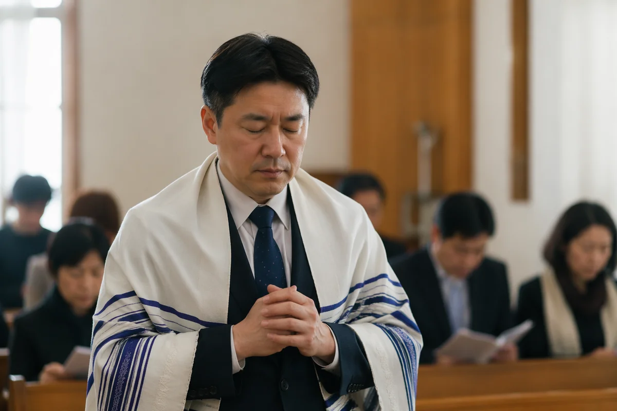 Korean Man Wearing Prayer Shawl Indoors