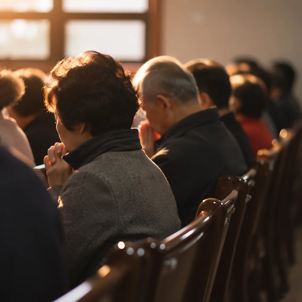 Fervent Prayer in a Korean Church Hall