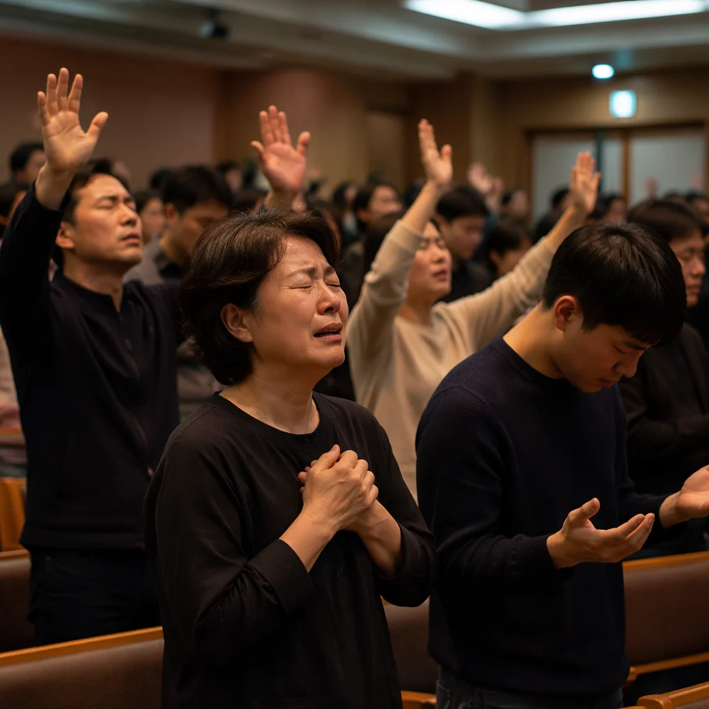Korean Congregation Praying in Church Interior