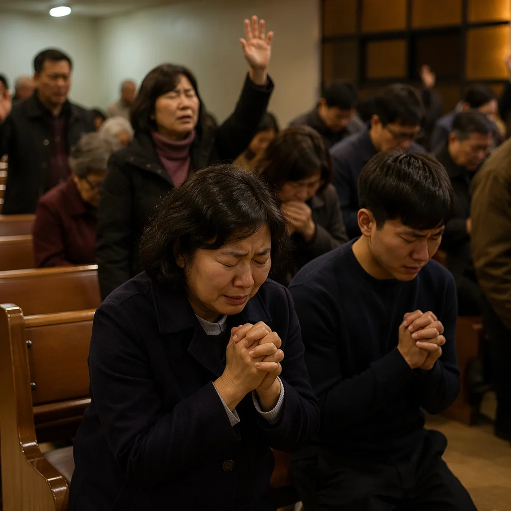 Korean Congregation Praying in Church Sanctuary