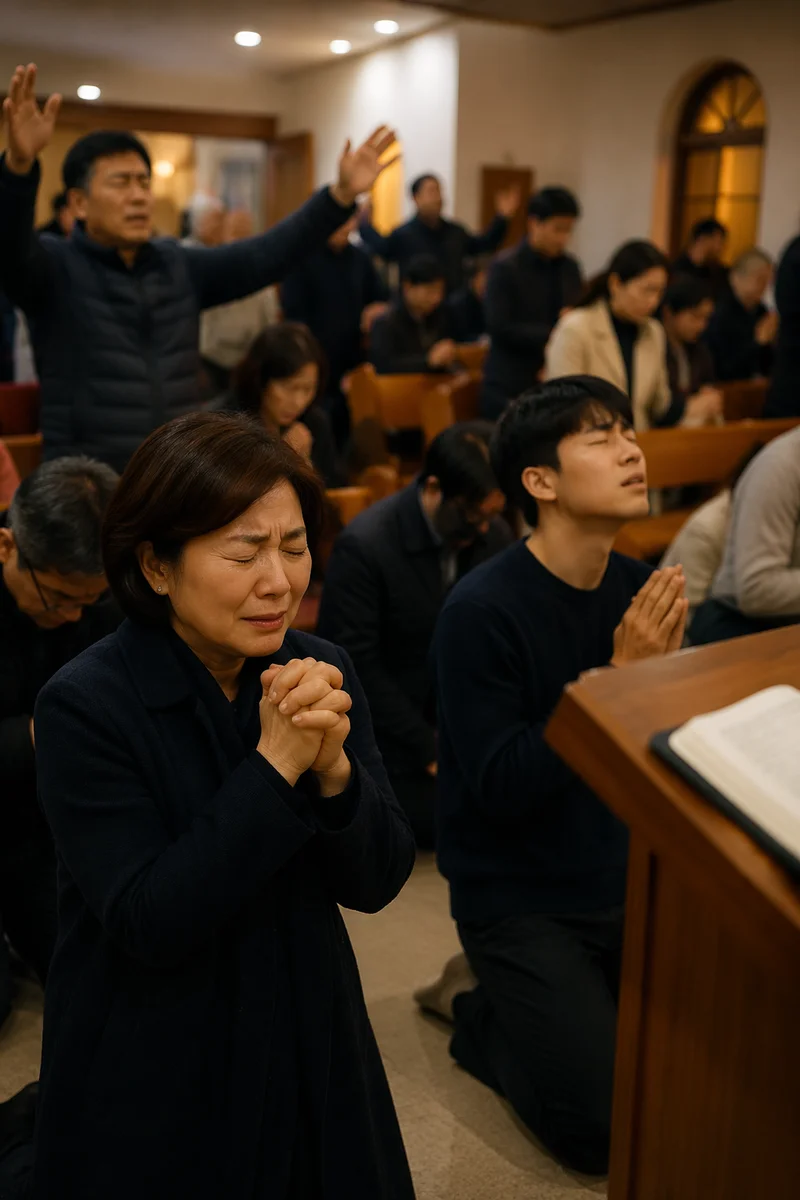 Korean Congregation Praying in Church Sanctuary