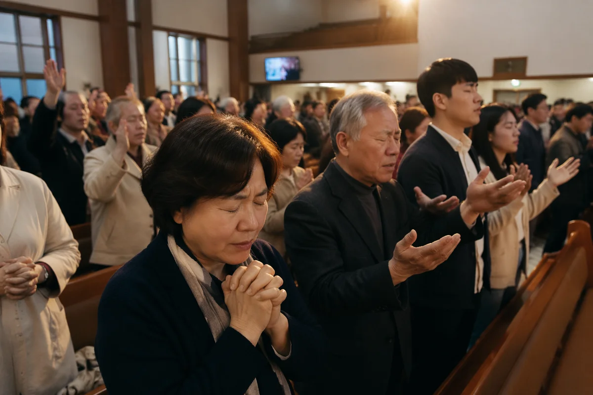 Korean Congregation Praying in Church Service