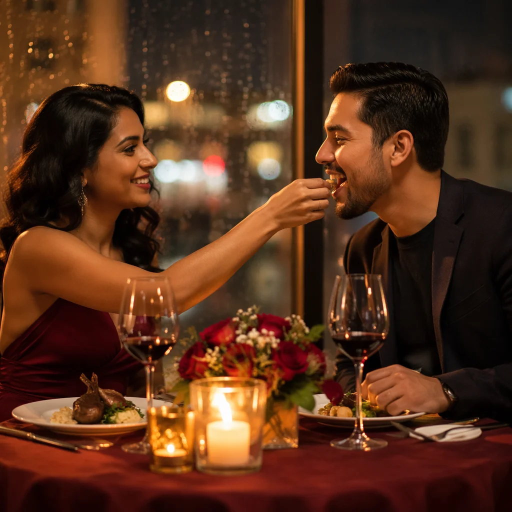 Couple Sharing Candlelit Dinner by Window