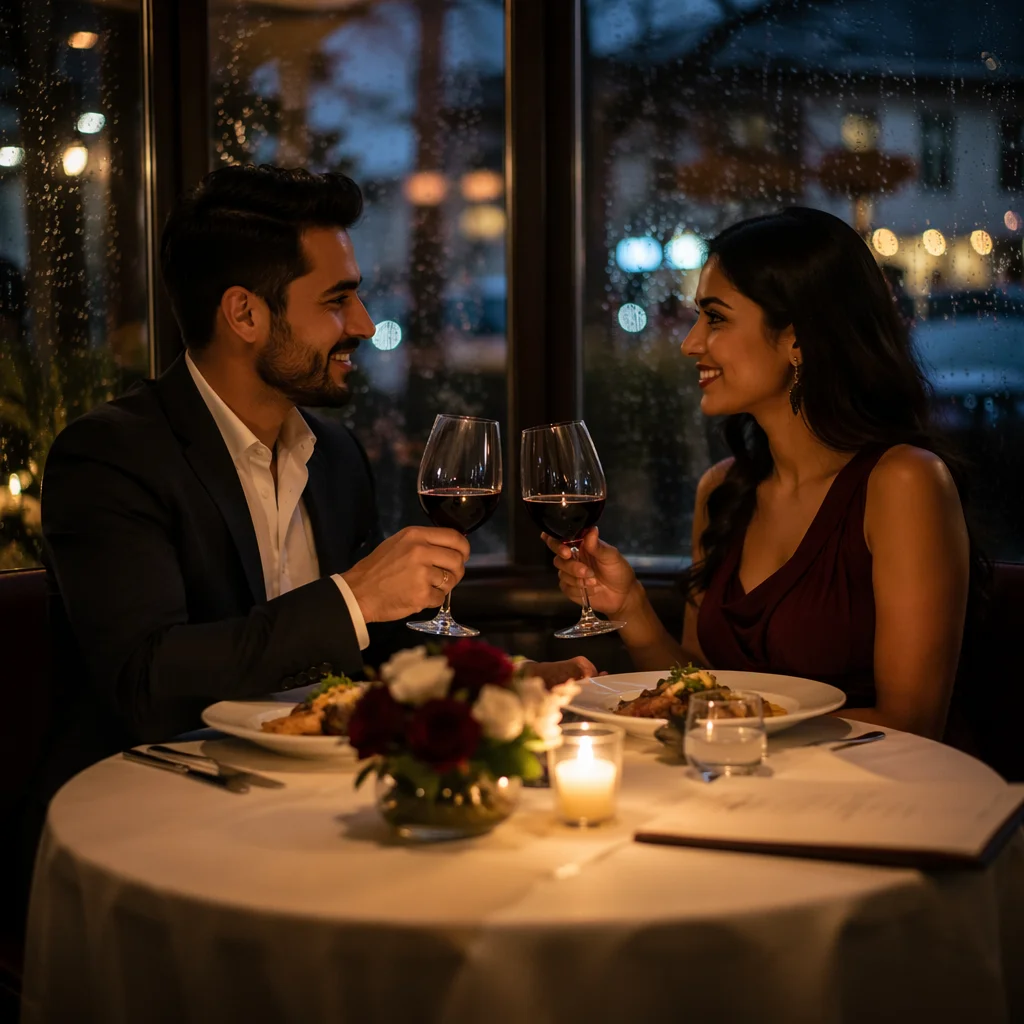Couple Toasting at Romantic Restaurant Dinner