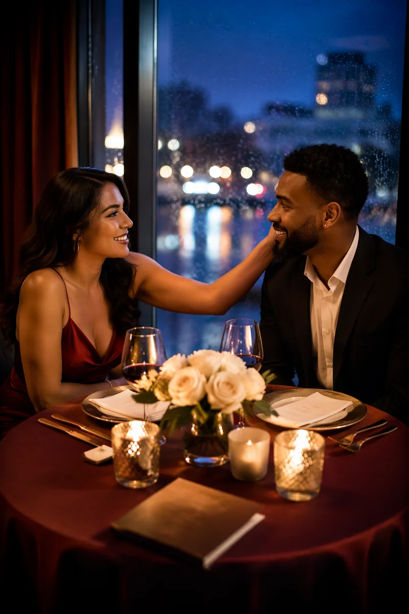 Romantic Couple Dinner by Rainy Window