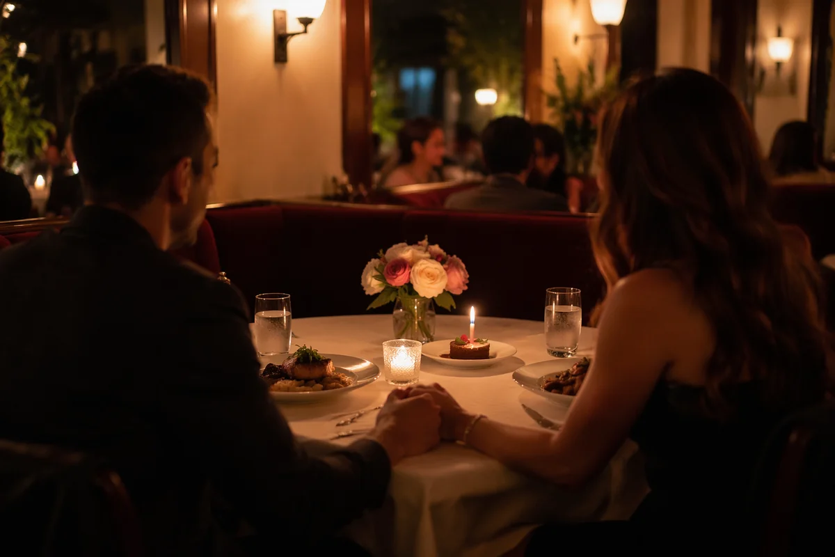 Romantic Anniversary Dinner Couple in Restaurant