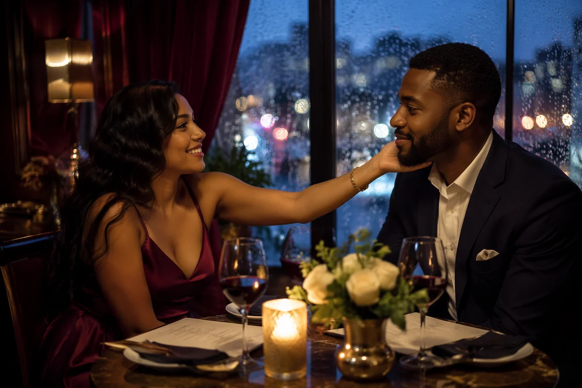 Romantic Couple Dinner by Rainy Window