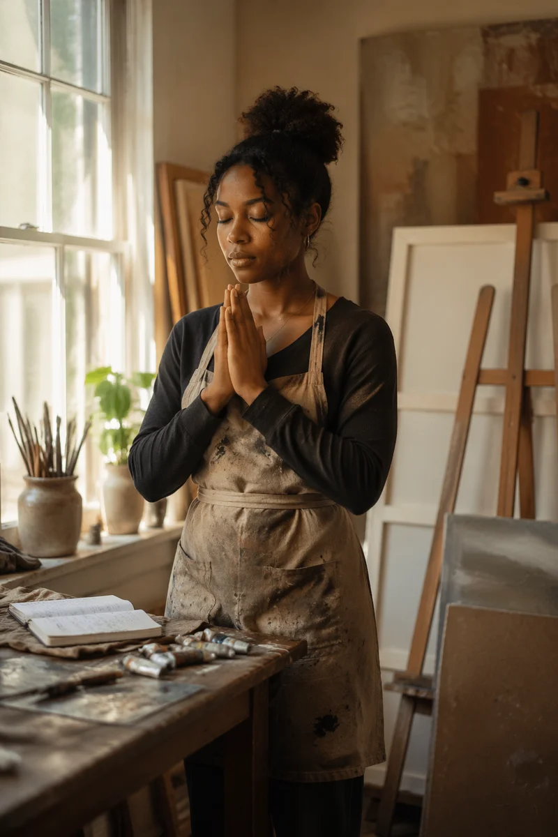 Young Painter Praying in Sunlit Studio