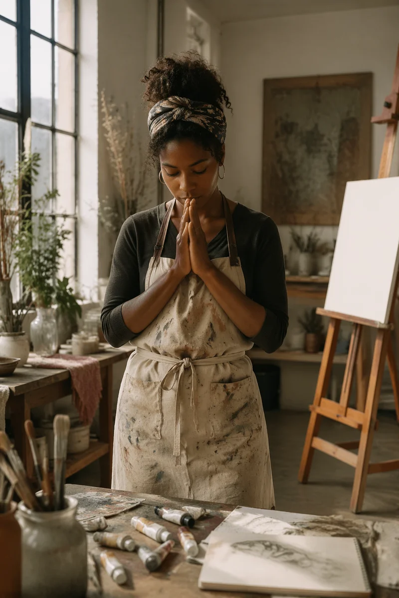 Young Painter Praying in Sunlit Studio