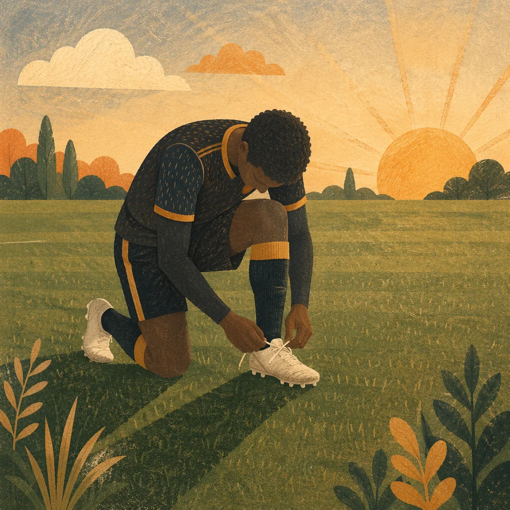 Athlete Kneeling on Field at Sunrise