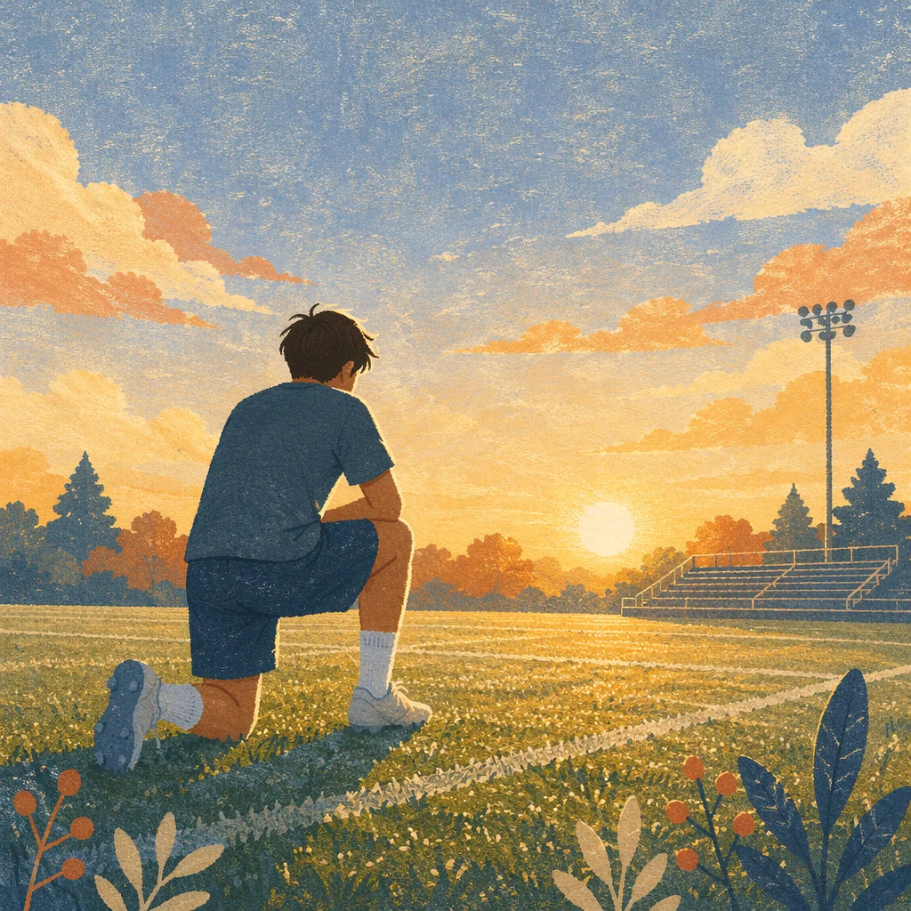 Athlete Kneeling on Field at Sunrise