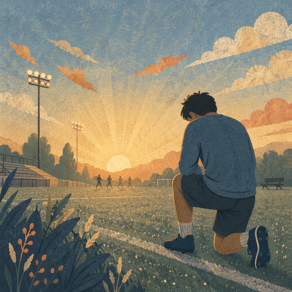 Kneeling Athlete Praying at Sunrise Field