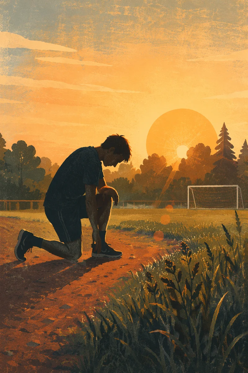 Athlete Kneeling in Sunrise Prayer