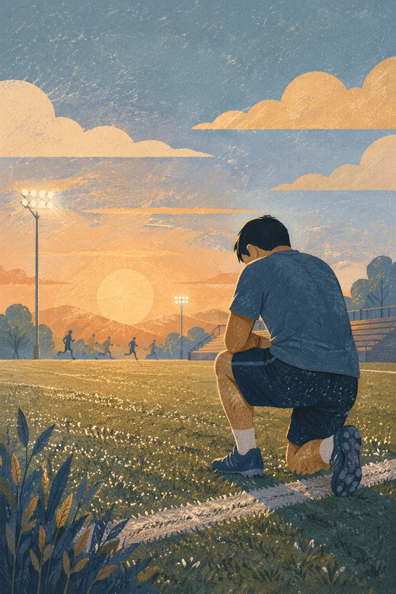 Athlete Kneeling in Prayer at Sunrise