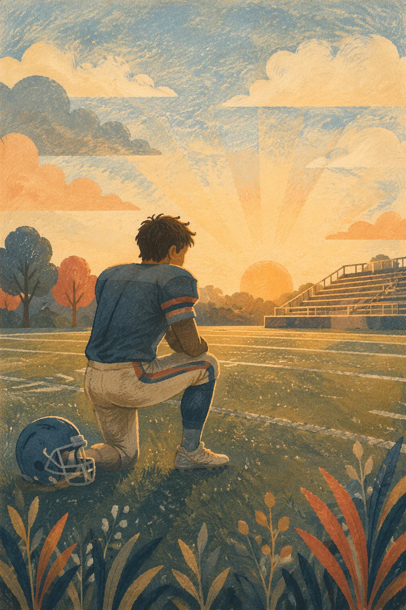 Prayerful Athlete Kneeling on Sunrise Field