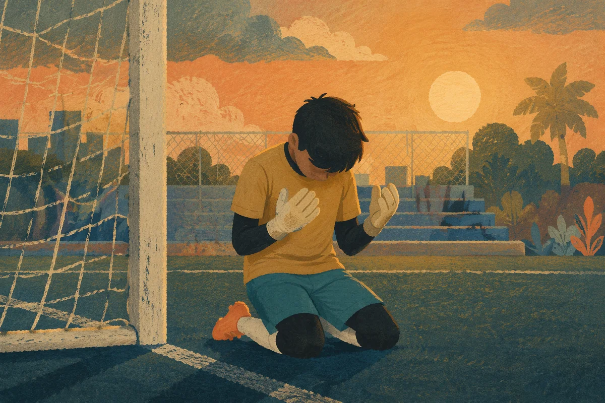 Praying Goalkeeper at Sunrise on Soccer Field