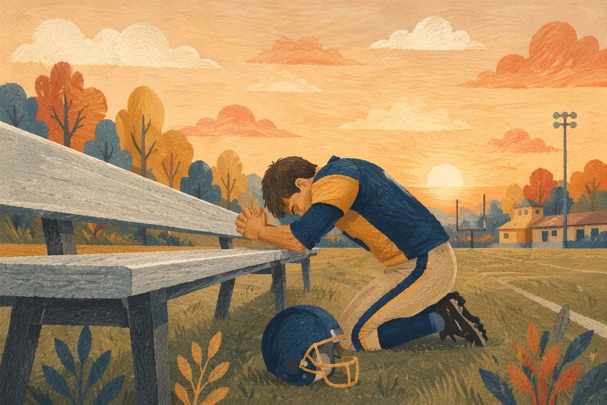 Athlete Kneeling in Prayer at Sunrise Field
