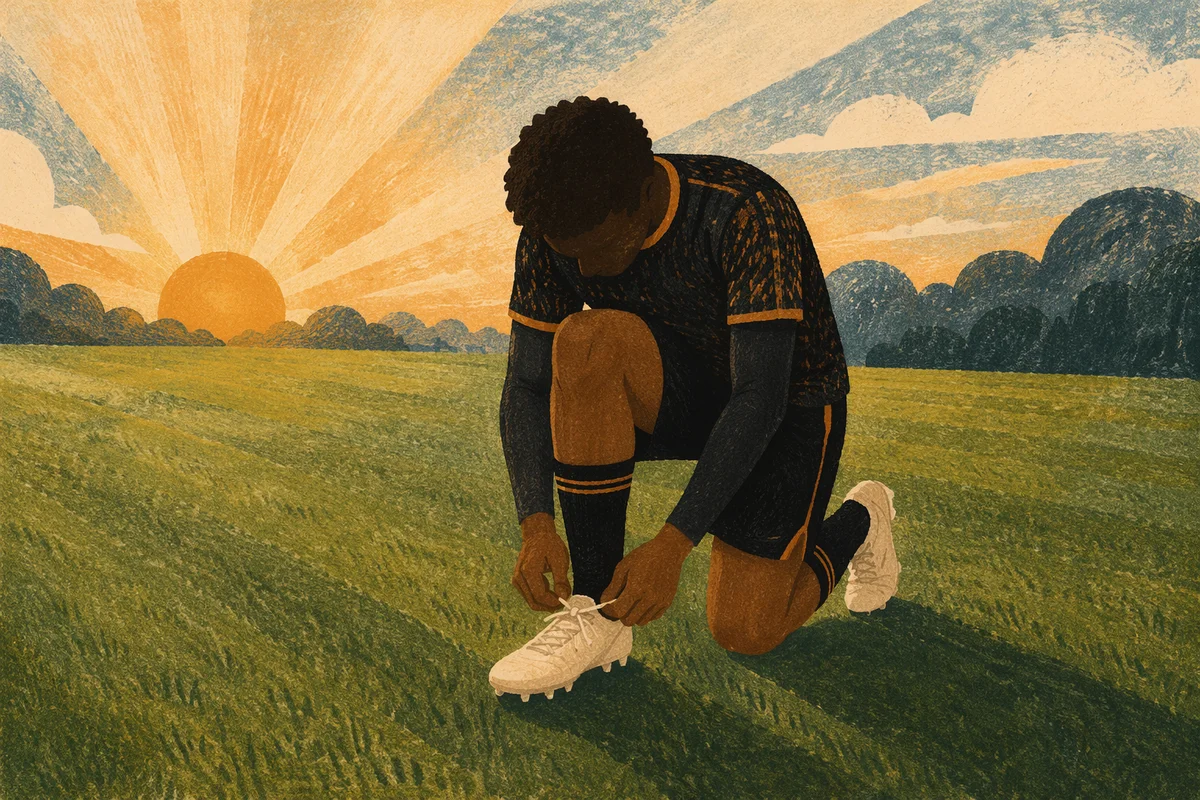 Athlete Kneeling at Sunrise on Field