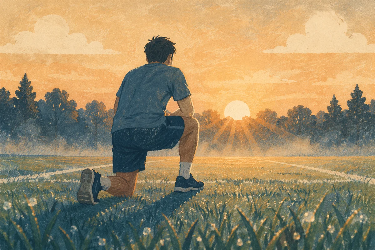 Athlete Kneeling on Sunrise Sports Field