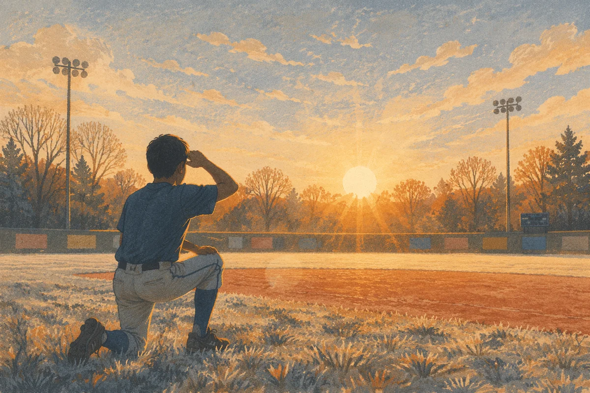 Athlete Kneeling at Sunrise on Field