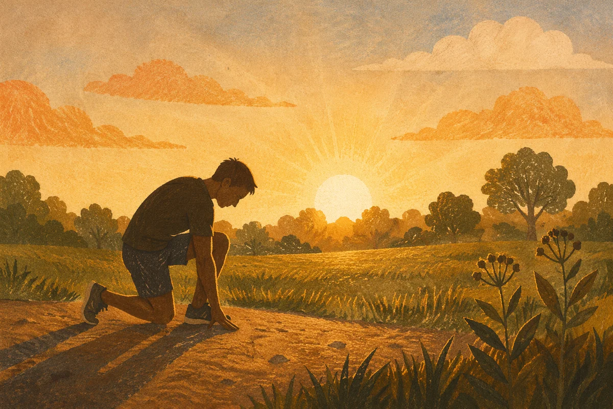 Athlete Kneeling in Sunrise Prayer on Field
