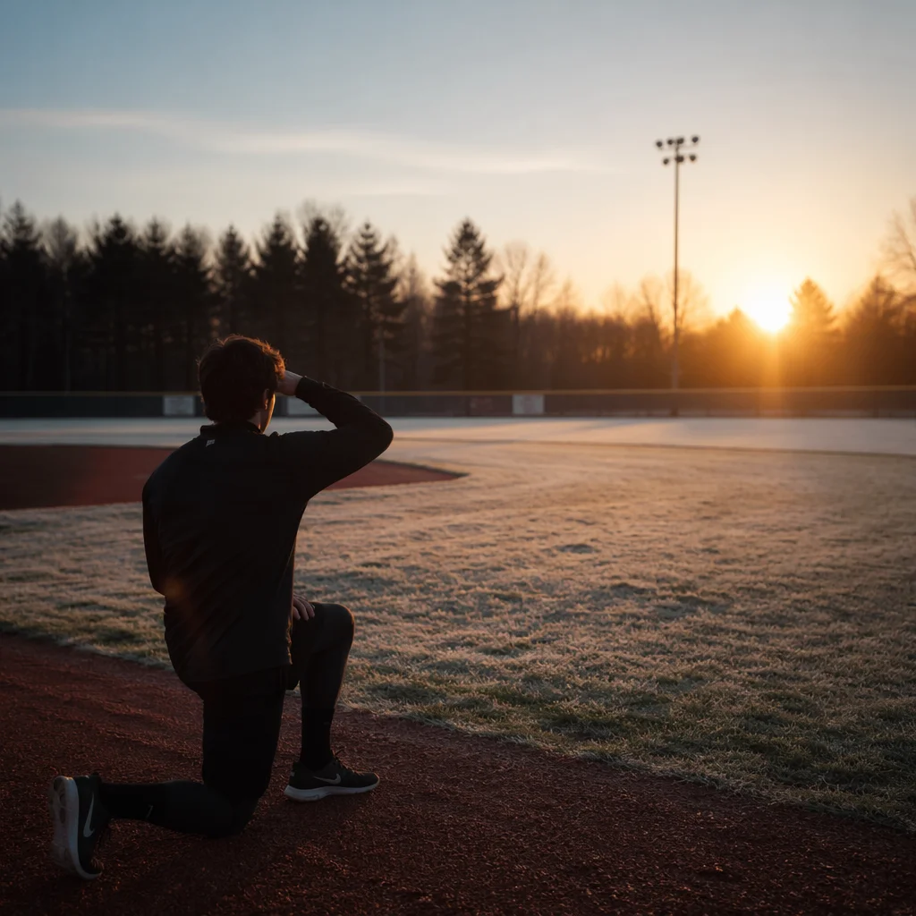 Athlete Kneeling at Sunrise on Field