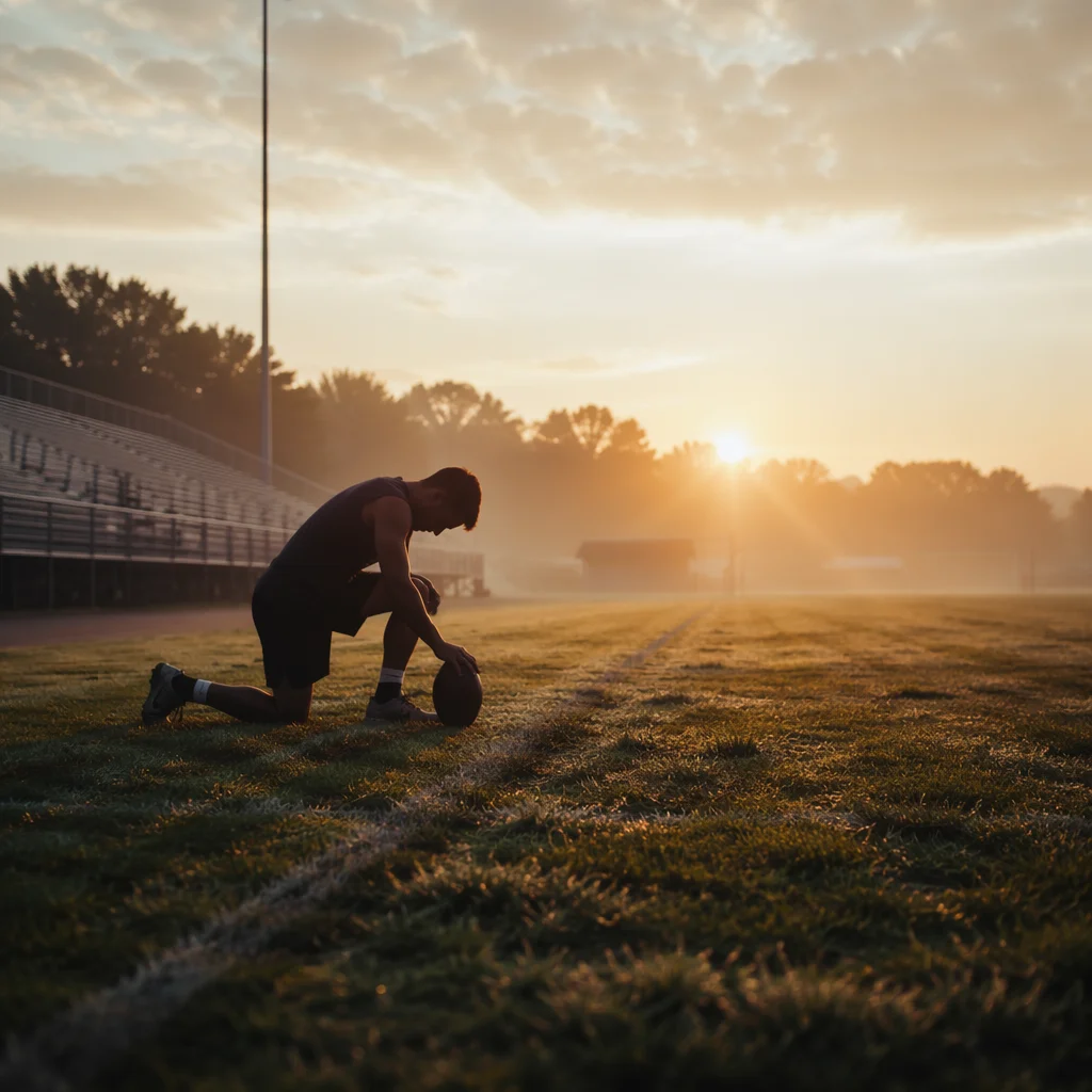 Kneeling Athlete at Sunrise Field