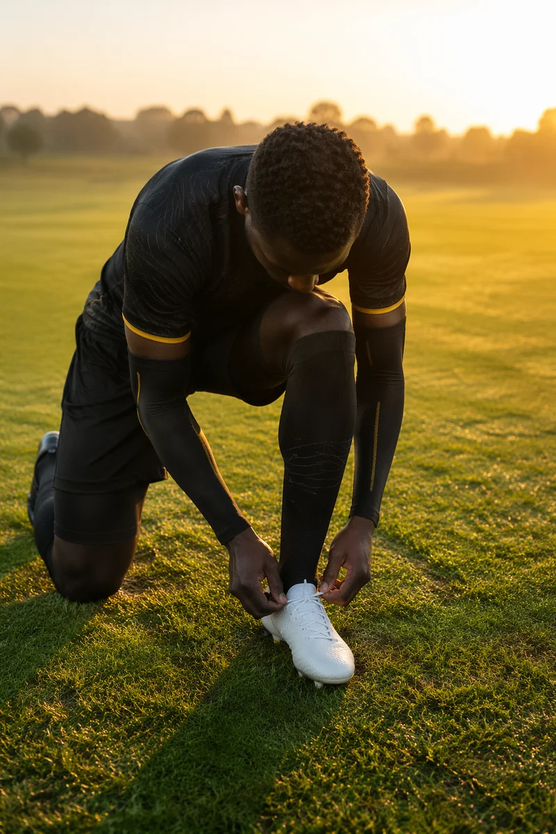 Kneeling Athlete Praying on Sunrise Field