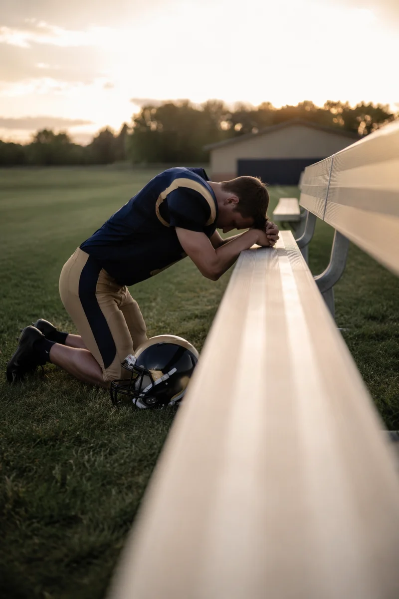 Praying Athlete on Field at Sunrise