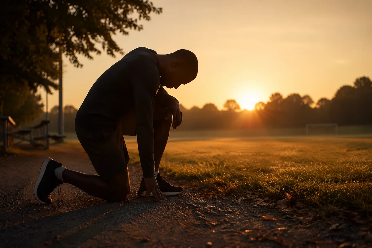 Athlete Kneeling in Sunrise Prayer