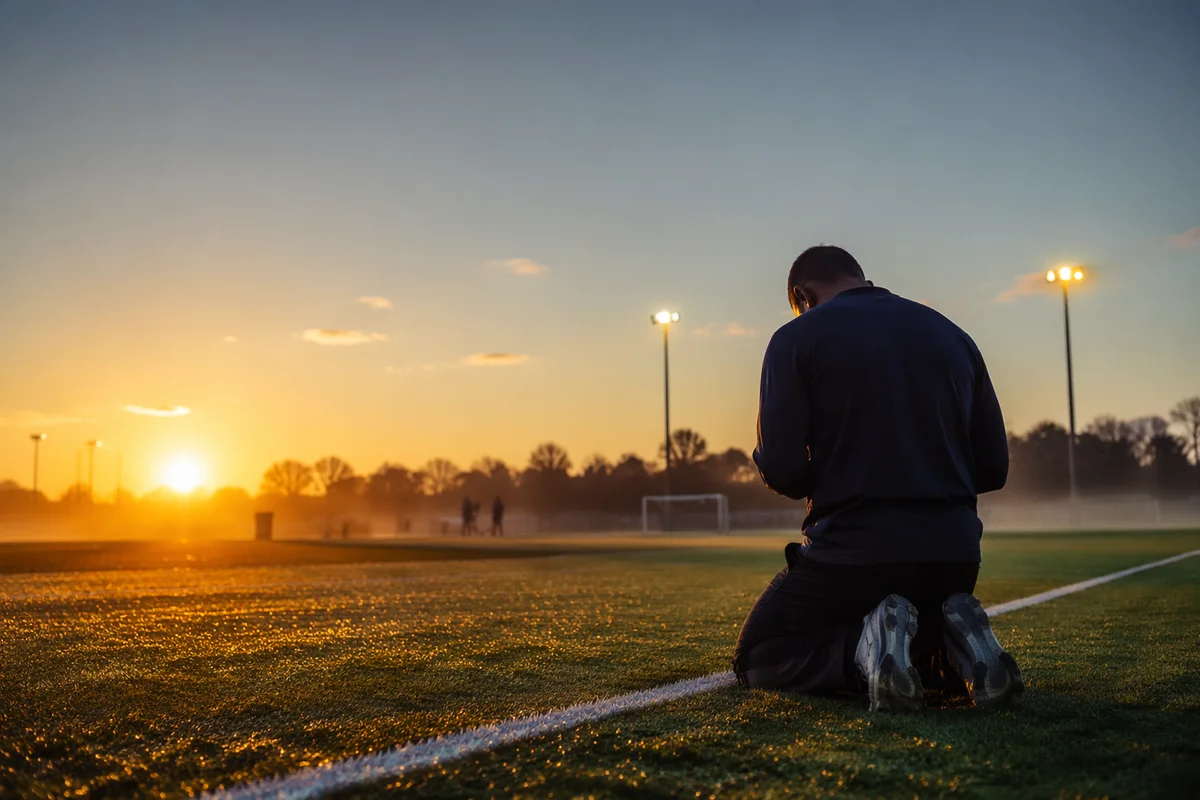 Athlete Kneeling in Prayer at Sunrise
